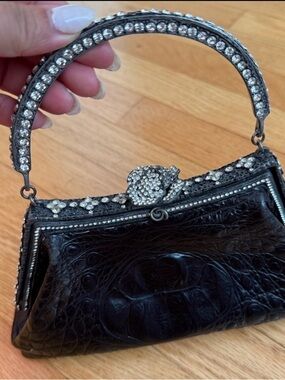 Black Crystal-Embellished Croc-Texture Wristlet